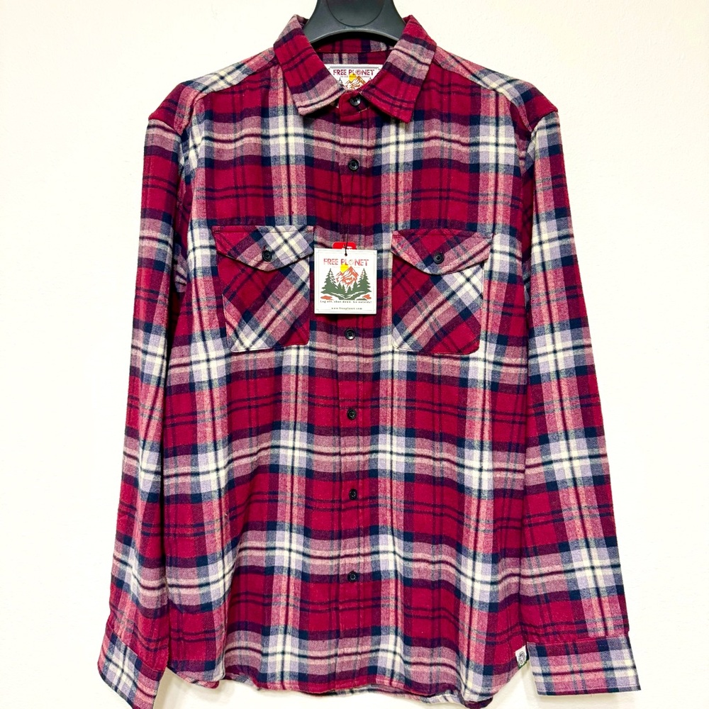 Free Planet Cotton Plaid Burgundy Navy Flannel Collar Men Shacket Shirt Jackets